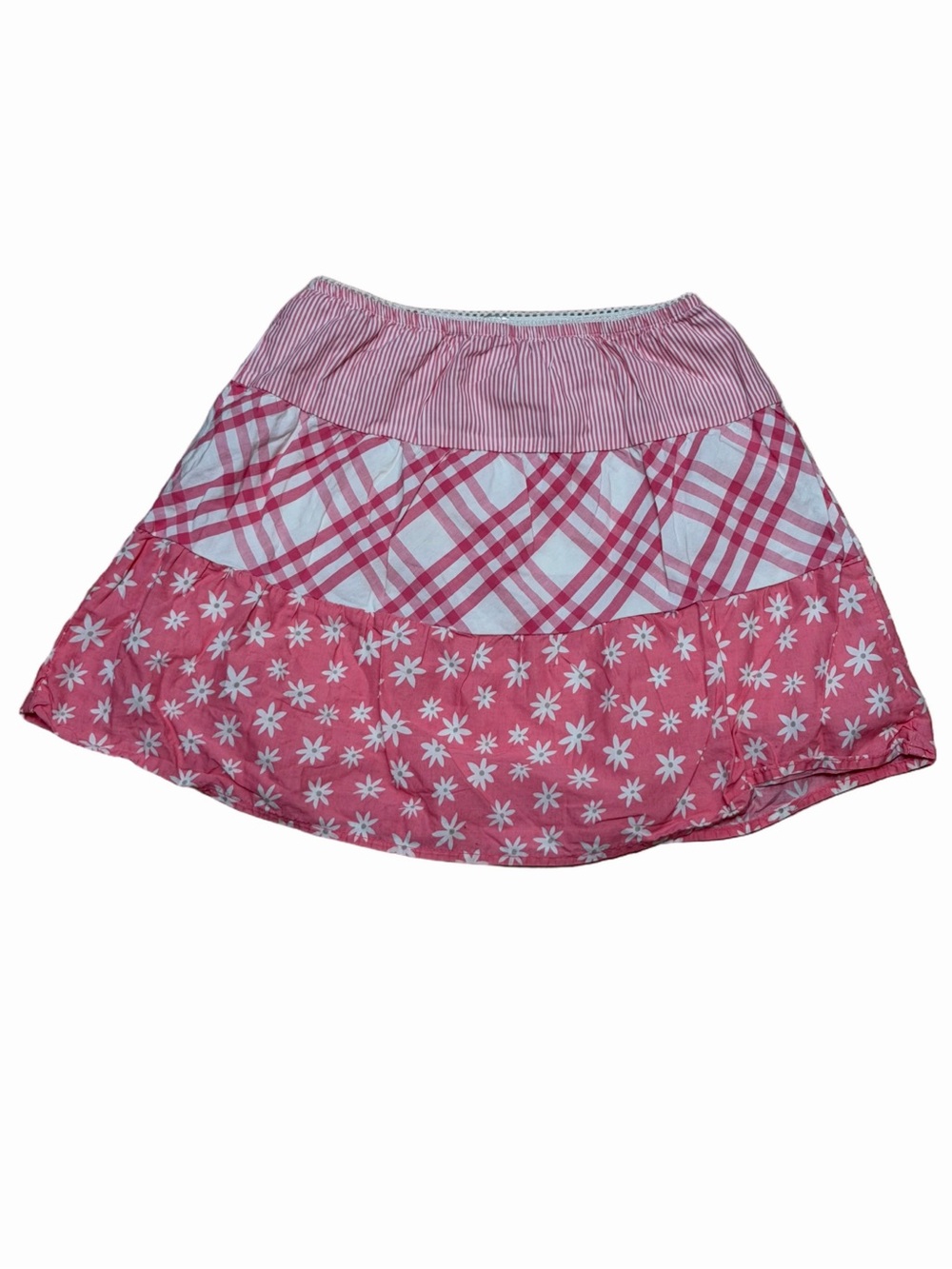 Cherokee Girls 2T Pink Patchwork Tiered Skirt Floral Plaid Stripe Elastic Waist